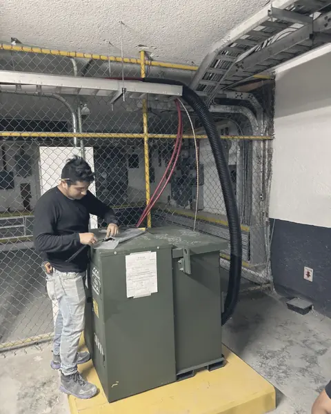 Técnico revisa el transformador en el cuarto enrejado del sótano