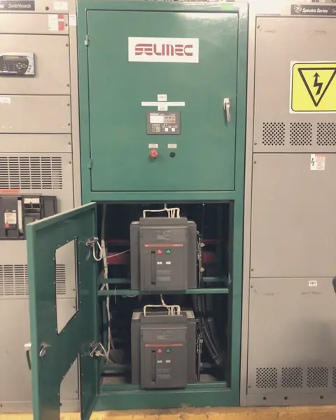 Tablero con interruptores de potencia en gabinete verde