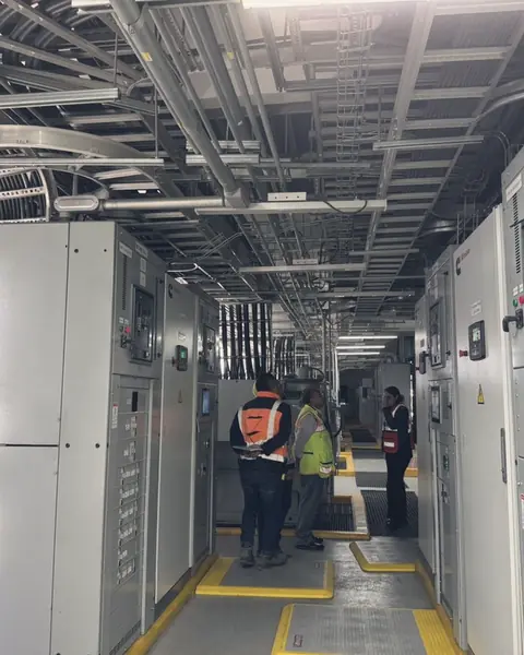 Cuadrilla revisando una fila de tableros eléctricos en un cuarto de máquinas