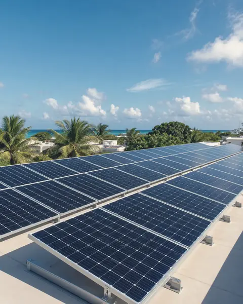 Paneles solares en la azotea de una casa frente al mar Caribe