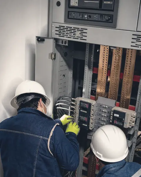 Dos electricistas con casco conectan interruptores en un tablero con barras de cobre